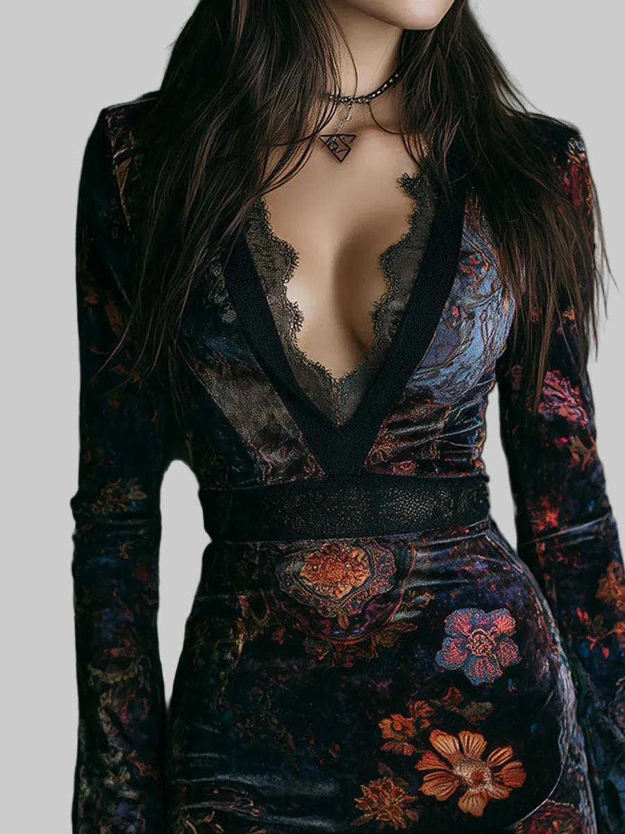 Luxury Floral Velvet Dress with Lace Trim - Black, Long Sleeve, V-Neck, Women's Fashion