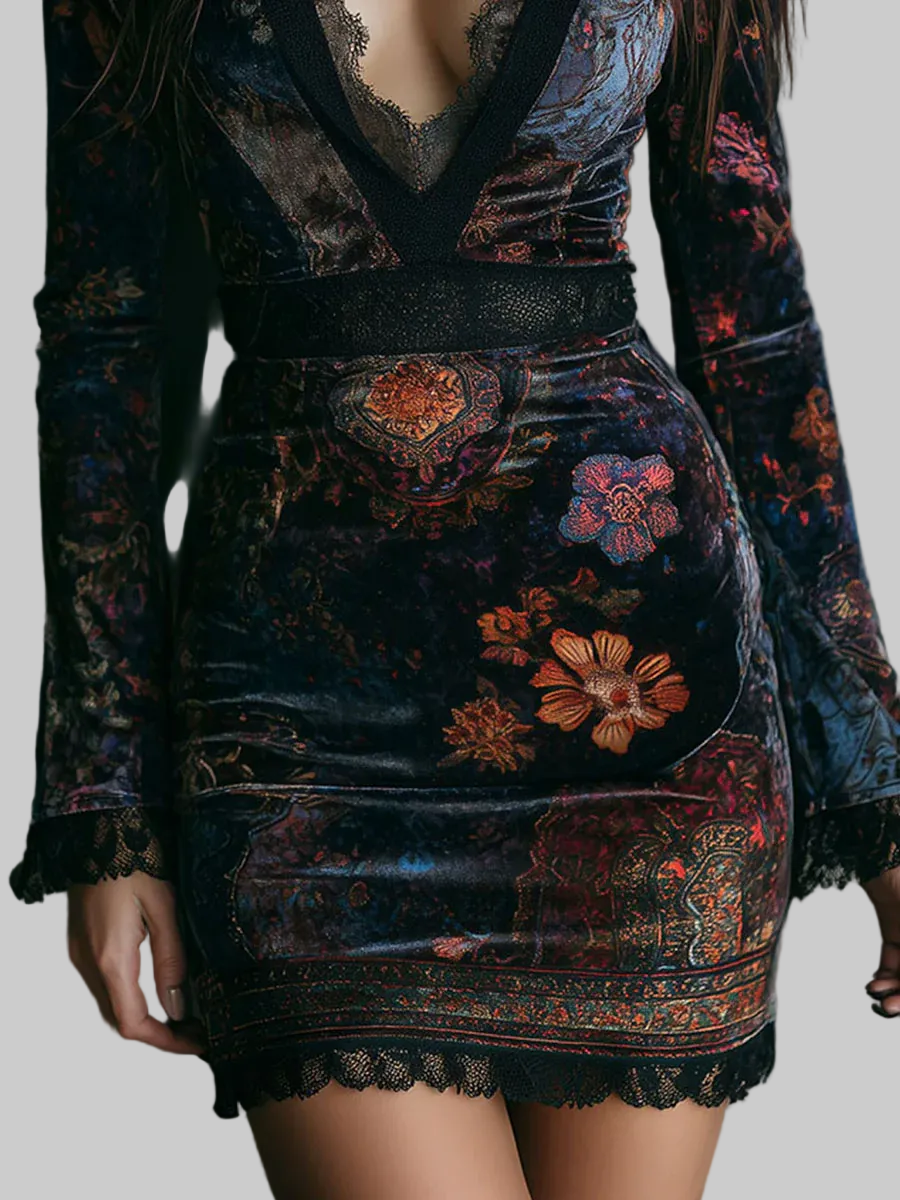 Luxury Floral Velvet Dress with Lace Trim - Black, Long Sleeve, V-Neck, Women's Fashion