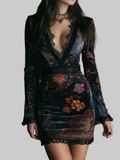 Luxury Floral Velvet Dress with Lace Trim - Black, Long Sleeve, V-Neck, Women's Fashion