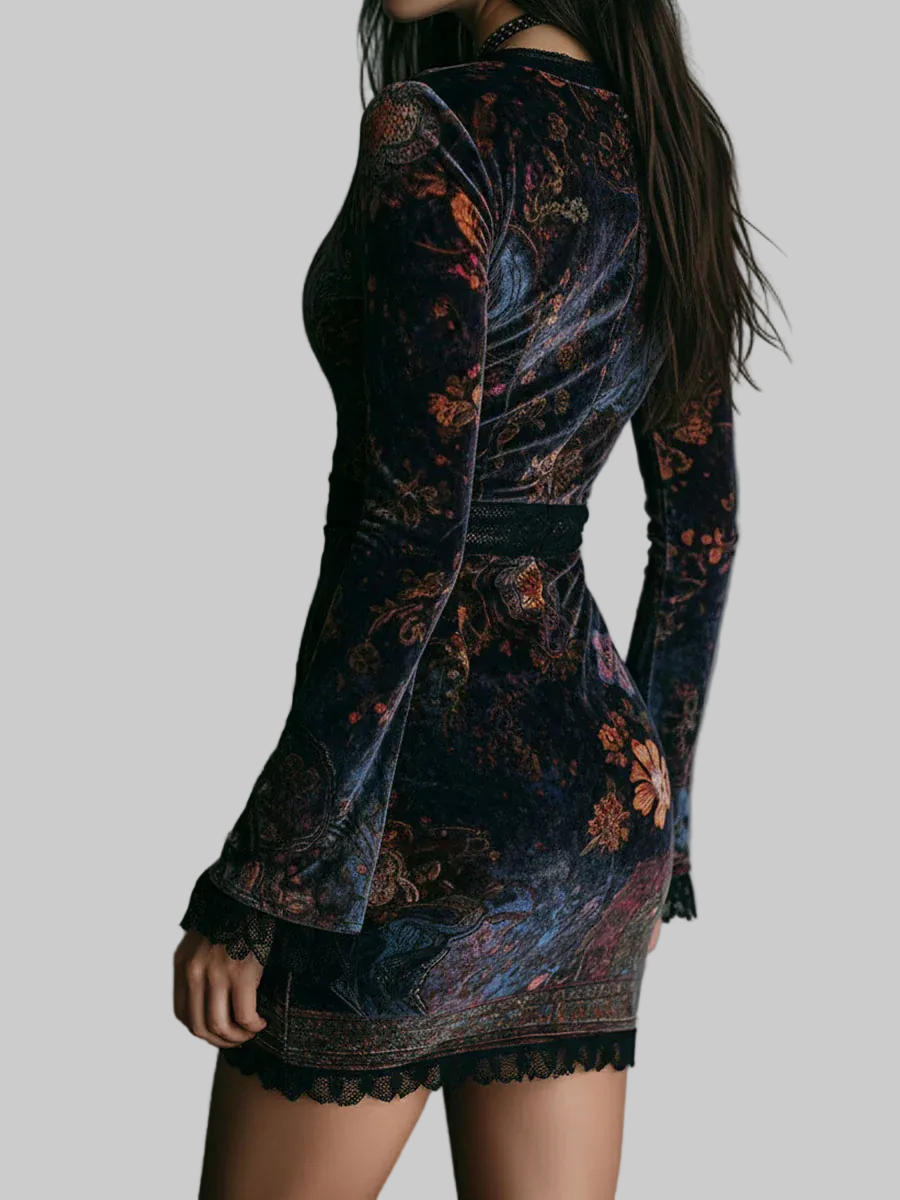 Luxury Floral Velvet Dress with Lace Trim - Black, Long Sleeve, V-Neck, Women's Fashion
