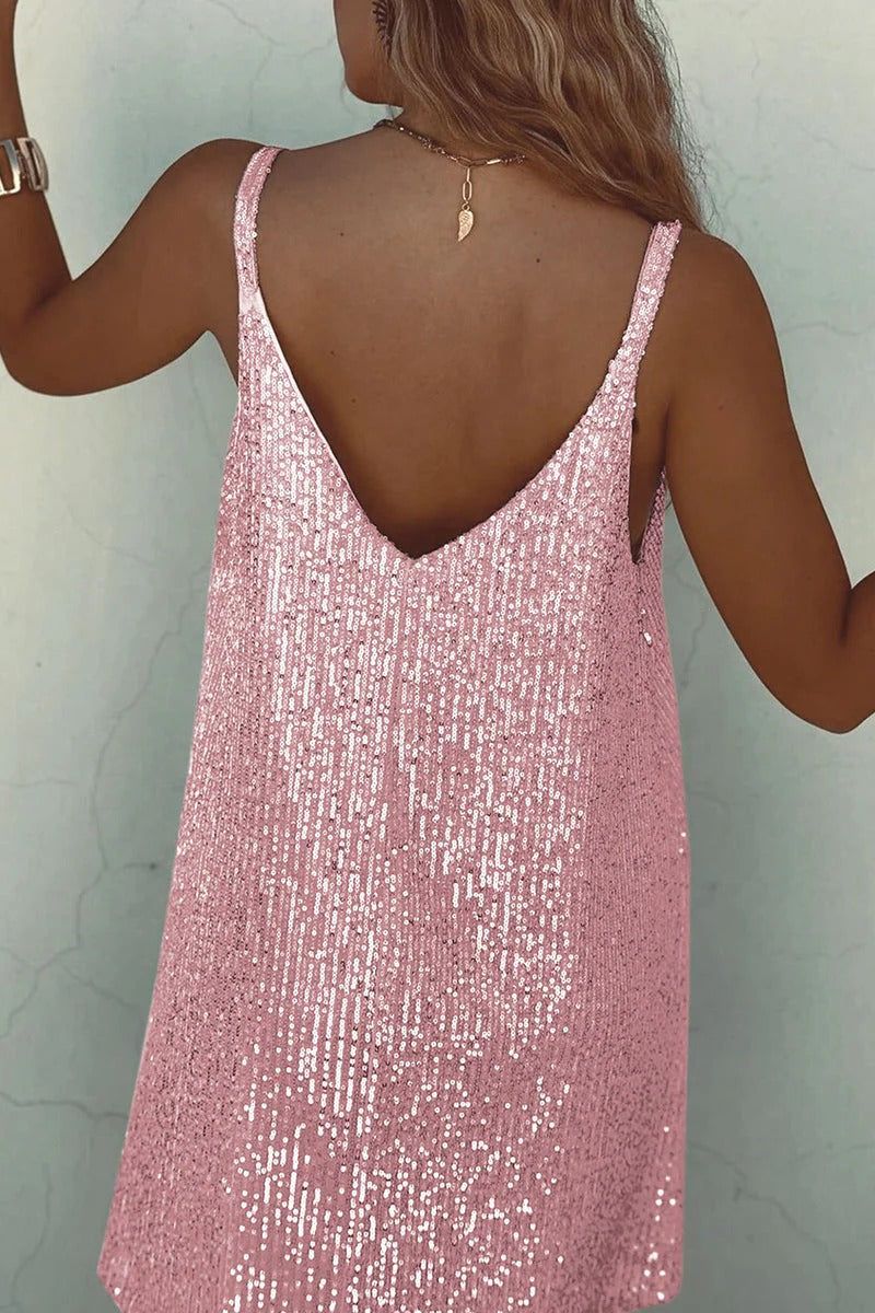 Sequin Mini Dress - V-Neck Sleeveless Dress - Cocktail Party Dress