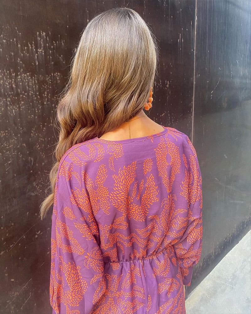 Twist Front Midi Dress - V-Neck Long Sleeve Printed Dress for Women