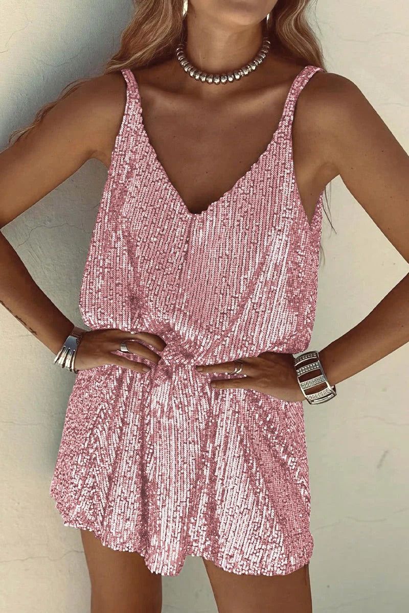 Sequin Mini Dress - V-Neck Sleeveless Dress - Cocktail Party Dress