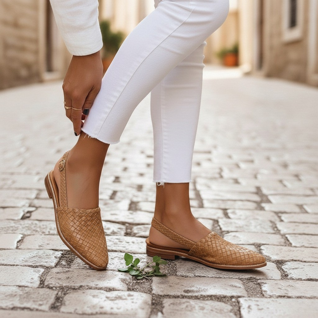 Woven Slingback Flats Women's Shoes - Casual Summer Sandals, Leather, Brown/Blue/Tan