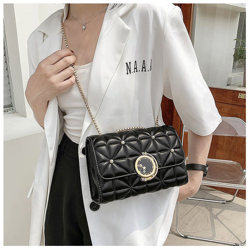 Quilted Crossbody Bag with Chain Strap, Pearl Accents & Rotating Star Charm