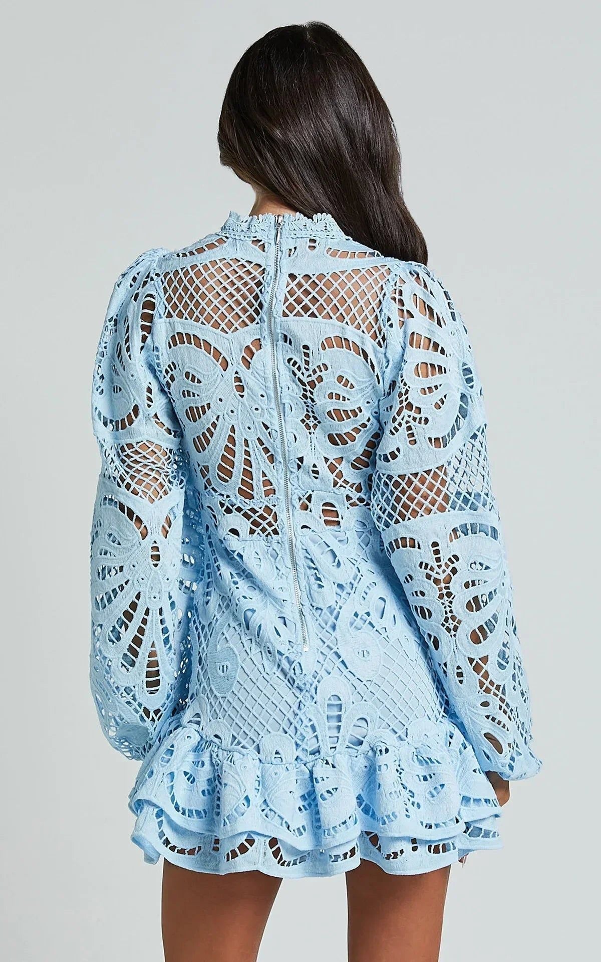 Lace Mini Dress - Long Sleeve, Ruffle Hem, Various Colors
