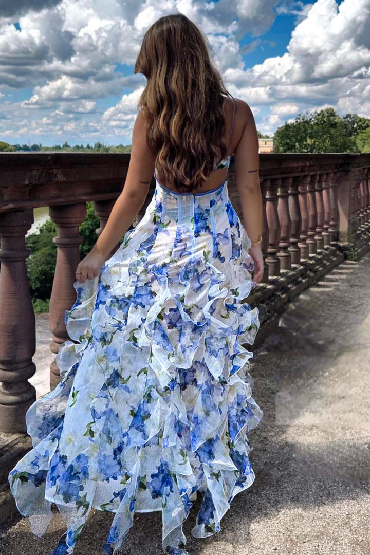 Floral Maxi Dress - White and Blue Floral Print Ruffle Gown - Summer Party Dress - Spaghetti Strap Backless Dress