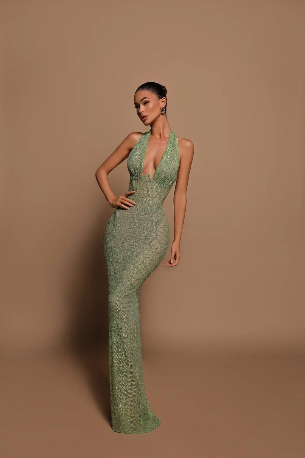 Sequin Halter Maxi Dress - Evening Gown - Green Formal Dress