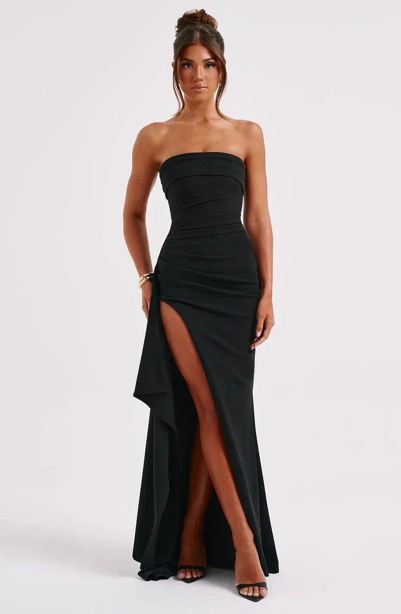 Strapless Thigh Slit Maxi Dress Evening Party Cocktail Formal Gown - Elegant Navy / Black