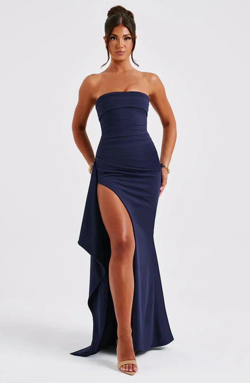 Strapless Thigh Slit Maxi Dress Evening Party Cocktail Formal Gown - Elegant Navy / Black