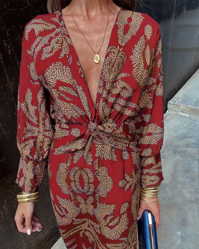 Twist Front Midi Dress - V-Neck Long Sleeve Printed Dress for Women