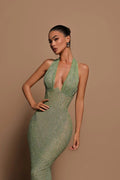 Sequin Halter Maxi Dress - Evening Gown - Green Formal Dress