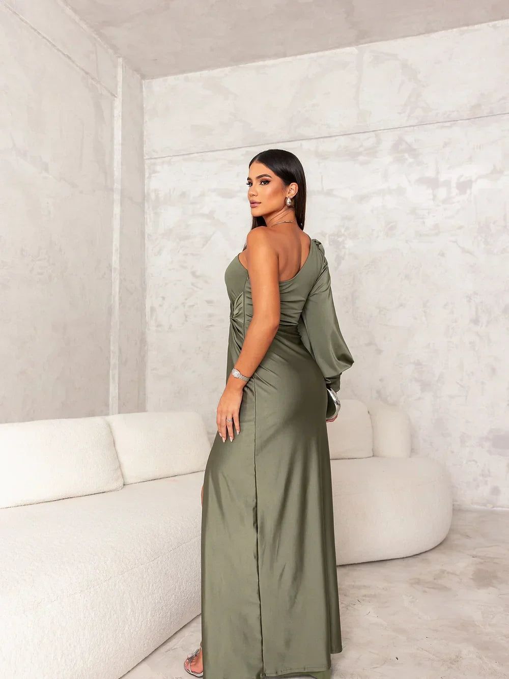 One-Shoulder Slit Maxi Dress - Elegant Long Evening Gown - Formal Party Dress - Green/Black - Satin