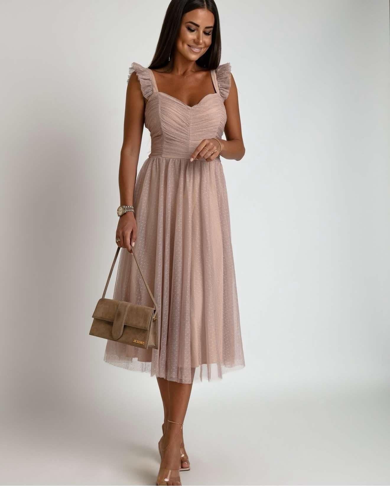Ruffled Sleeve Midi Dress - Elegant Formal Party Dress - Pink Tulle - Women's Occasion Dress