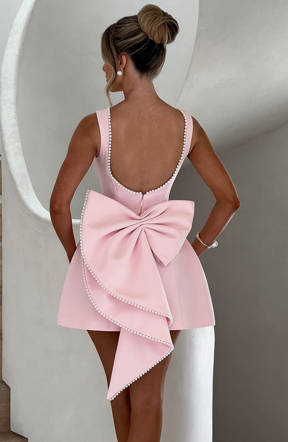 Bow Back Mini Dress with Pearl Detail - Party Cocktail Dress - Pink, Black, White