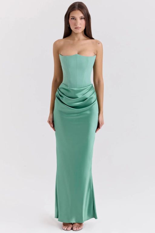 Strapless Corset Maxi Dress - Satin Formal Evening Gown - Elegant Party Dress
