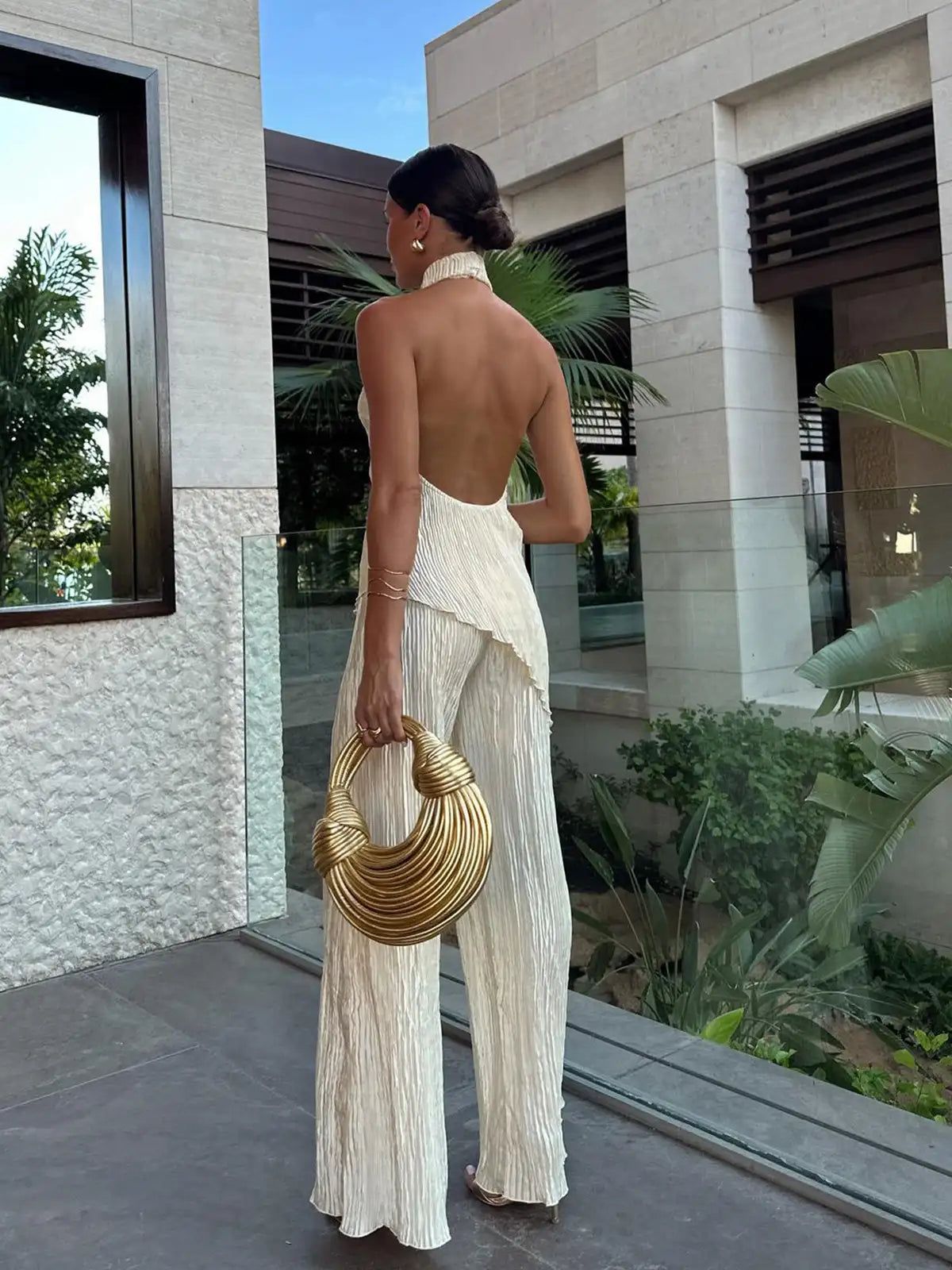 Halter Neck Jumpsuit - Wide Leg Pleated One-Piece Romper - Formal Women's Event Outfit - Ivory