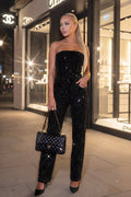 Sparkling Black Corset Top and Pants Set Strapless Embellished Women's Outfit