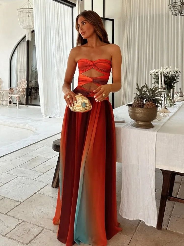 Strapless Maxi Dress Ombre Orange Red Blue Chiffon Cutout - Formal Evening Gown