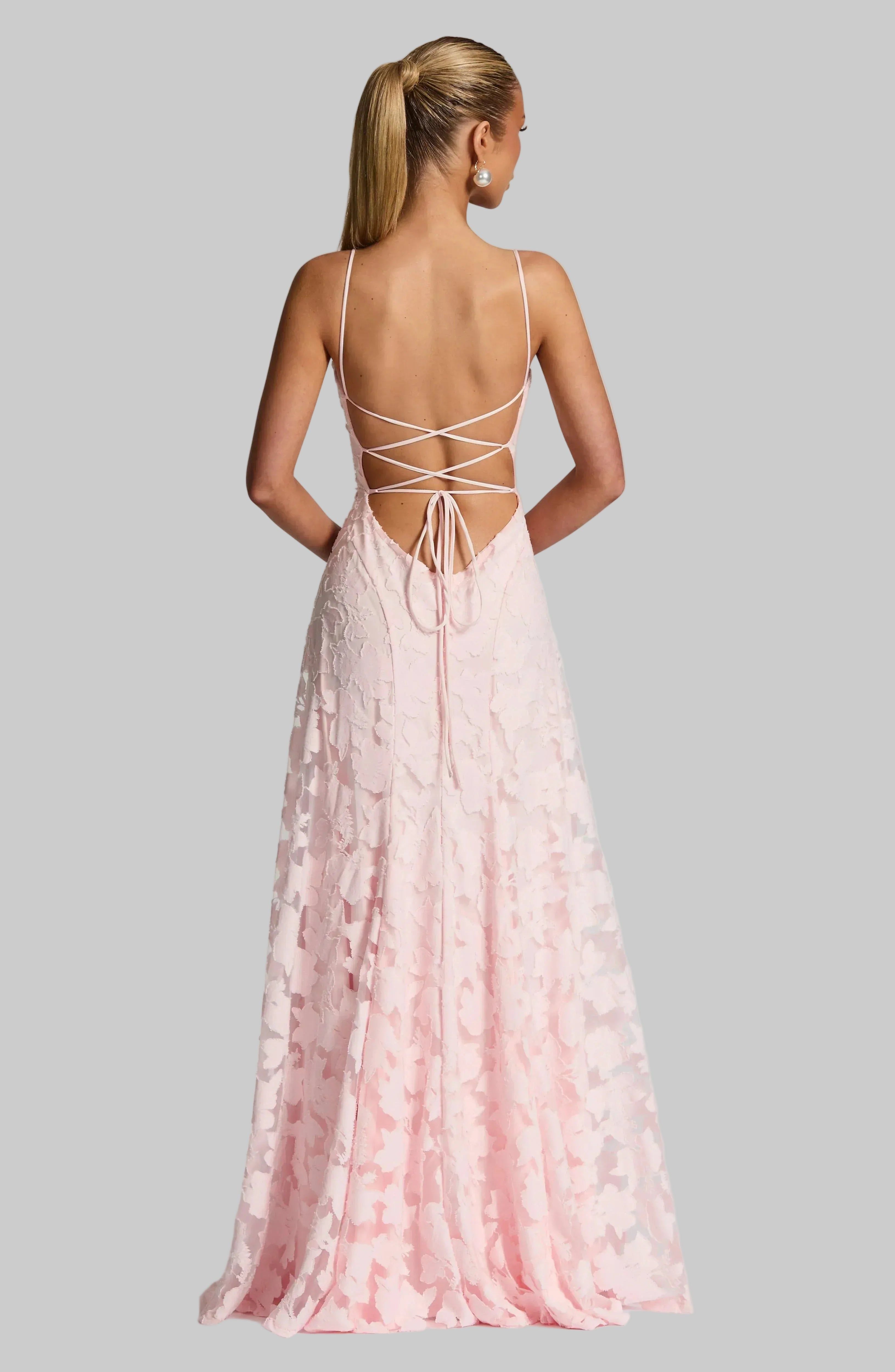 Floral Maxi Dress - Lace Up Back, Spaghetti Strap, Fitted Bodice, Long Evening Gown