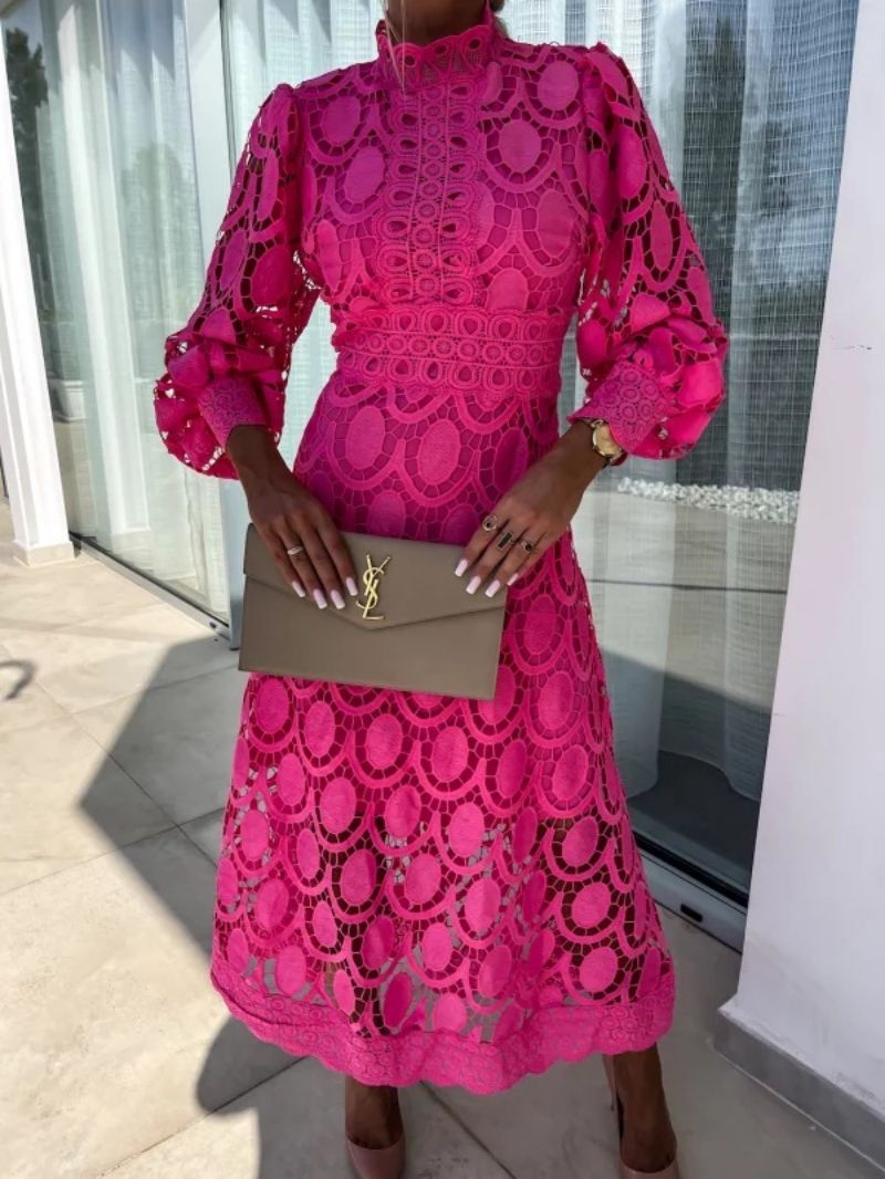 Elegant Lace Midi Dress: Women's Long Sleeve High Neck A-Line Cocktail Party Dress