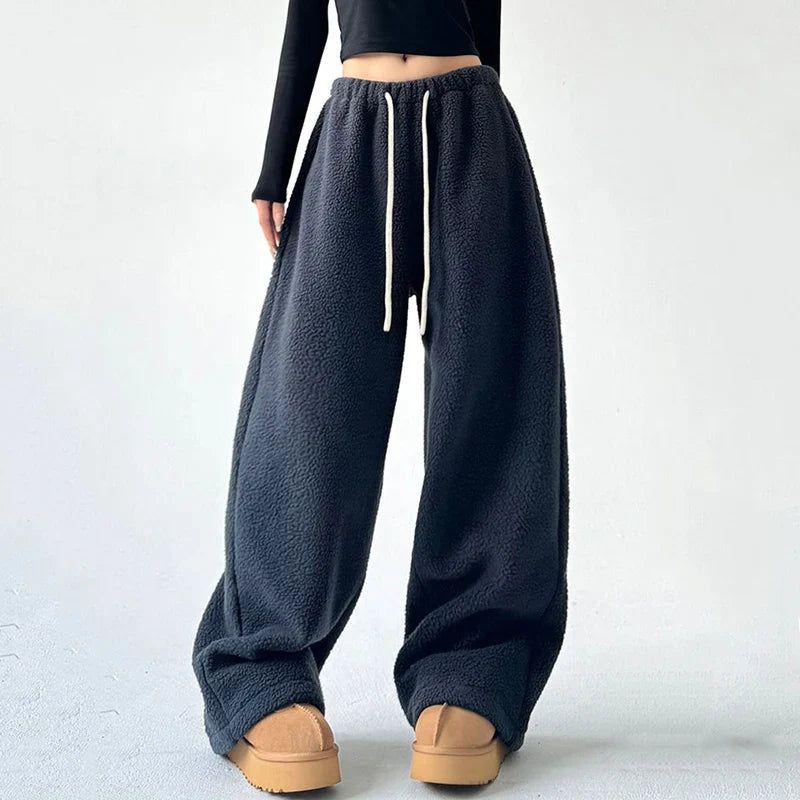 Wide Leg Sherpa Fleece Lounge Pants for Women with Drawstring - Relaxed Fit, Comfortable, Soft