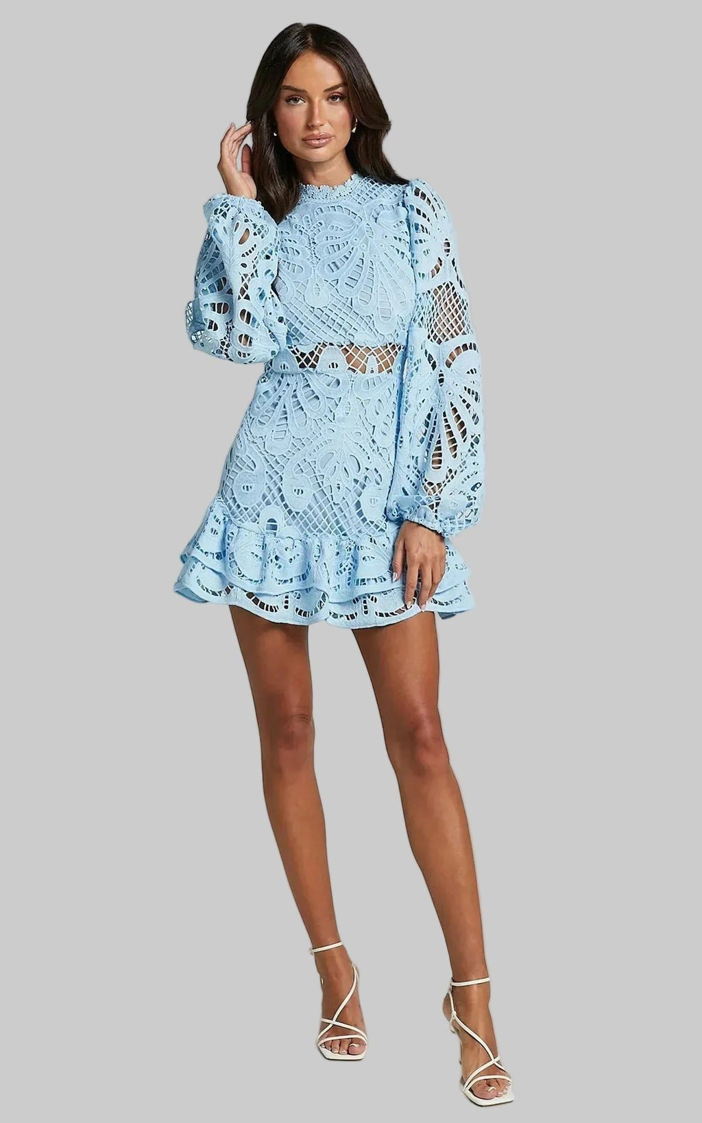 Lace Mini Dress - Long Sleeve, Ruffle Hem, Various Colors