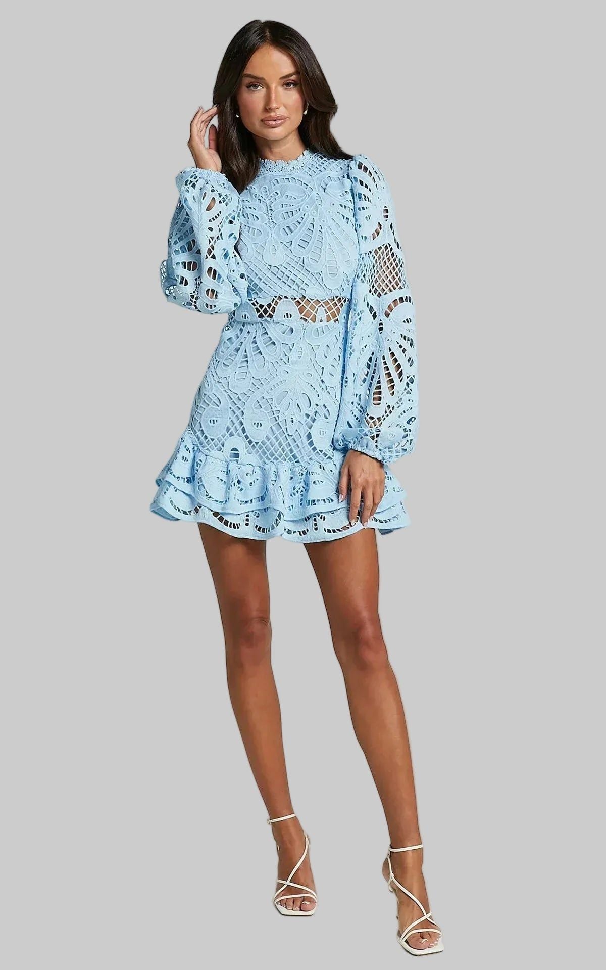 Lace Mini Dress - Long Sleeve, Ruffle Hem, Various Colors