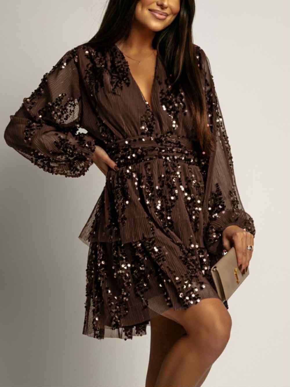 Sequin Tiered Mini Dress - Long Sleeve V-Neck Brown Cocktail Party Dress