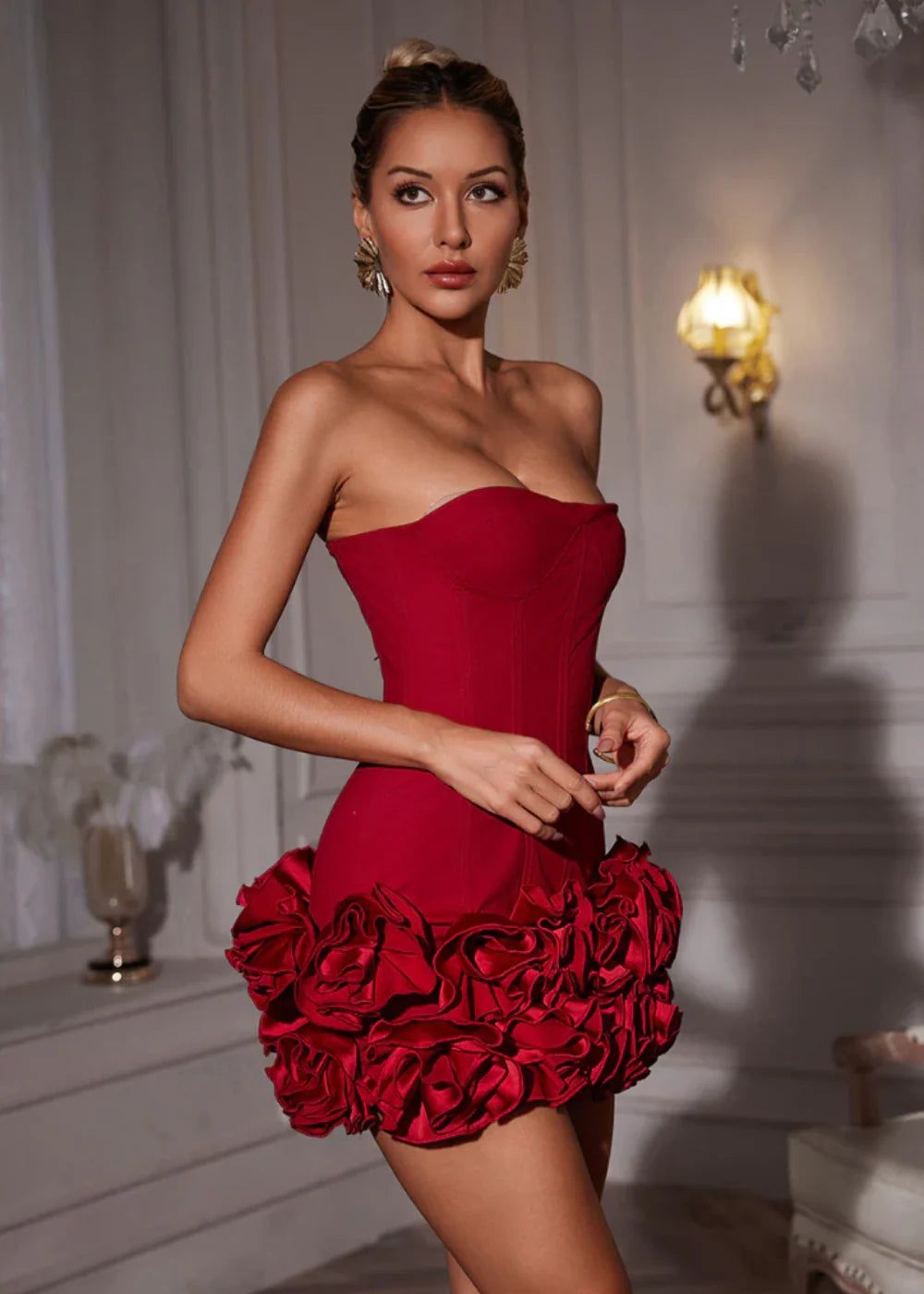 Strapless Corset Ruffle Mini Dress - Red - Fitted - Cocktail Party Dress