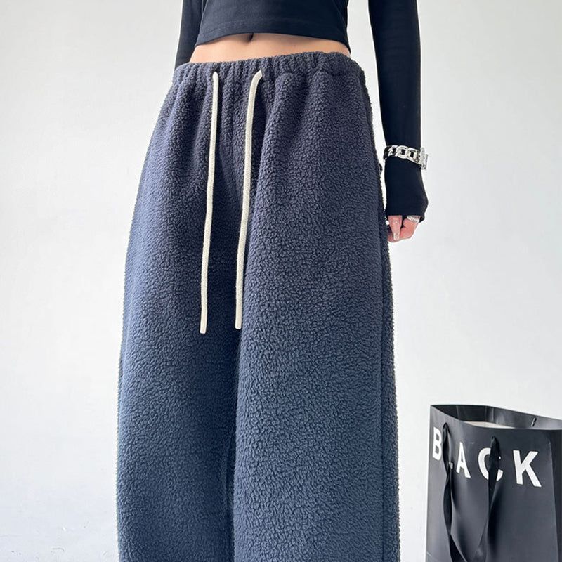 Wide Leg Sherpa Fleece Lounge Pants for Women with Drawstring - Relaxed Fit, Comfortable, Soft