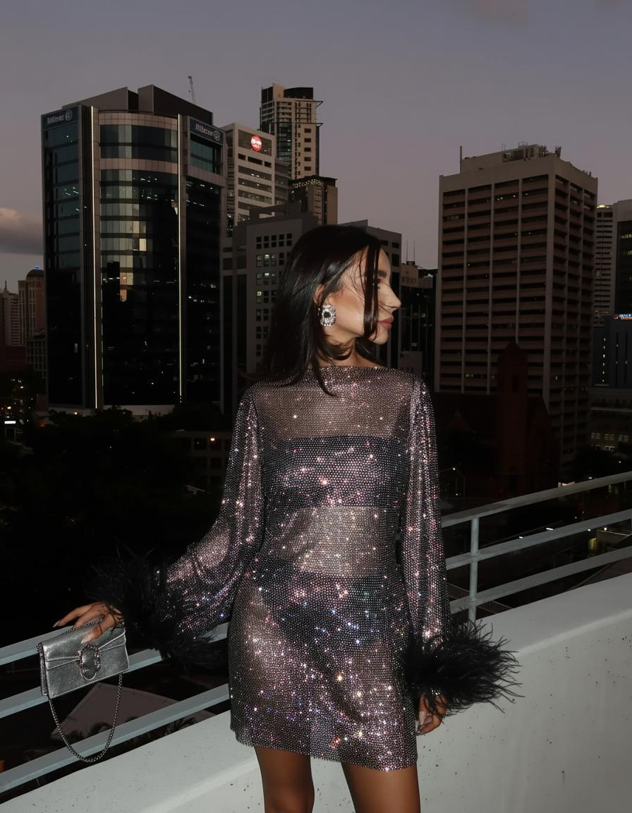 Sparkle Mini Dress with Feather Cuffs - Party Dress, Evening Wear, Cocktail Dress