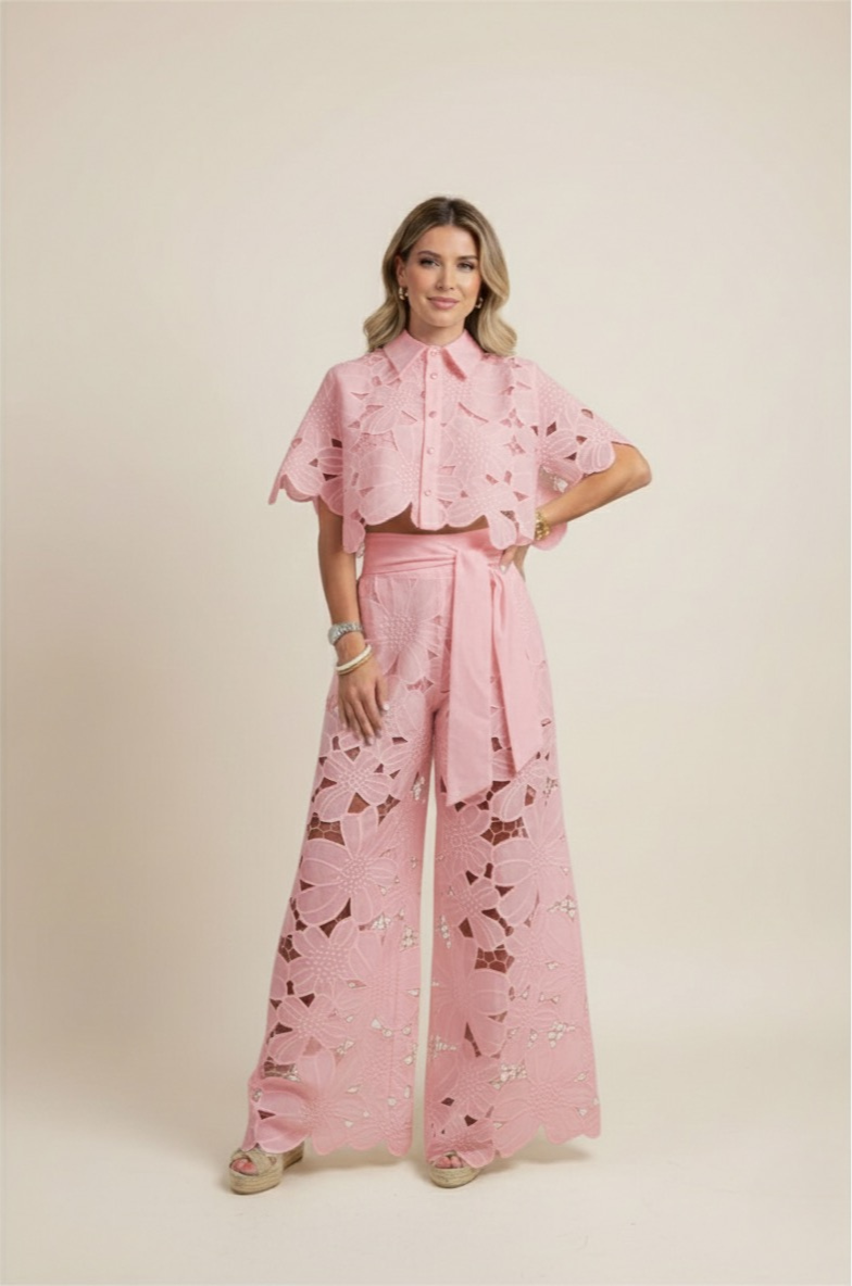 Floral Lace Two-Piece Set: Cropped Shirt & Wide Leg Pants - Women's Matching Outfit