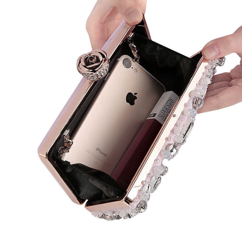 Crystal Embellished Evening Clutch Bag Pink Rhinestone Party Purse Handbag