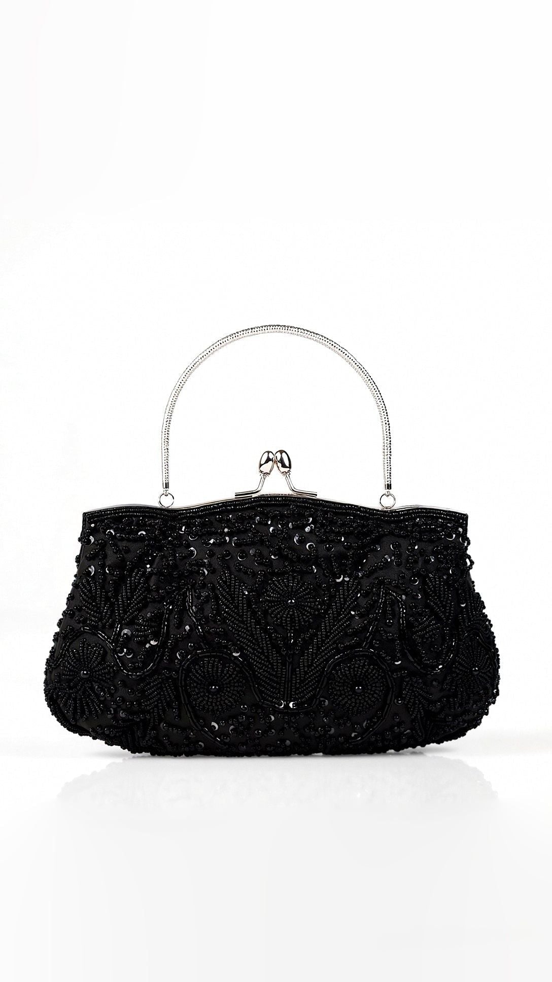Embroidered Evening Bag with Metal Handle - Beaded Clutch Purse - Formal Occasion Handbag