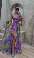 Floral Maxi Dress - One Shoulder High Slit Evening Gown - Women's Formal Dress
