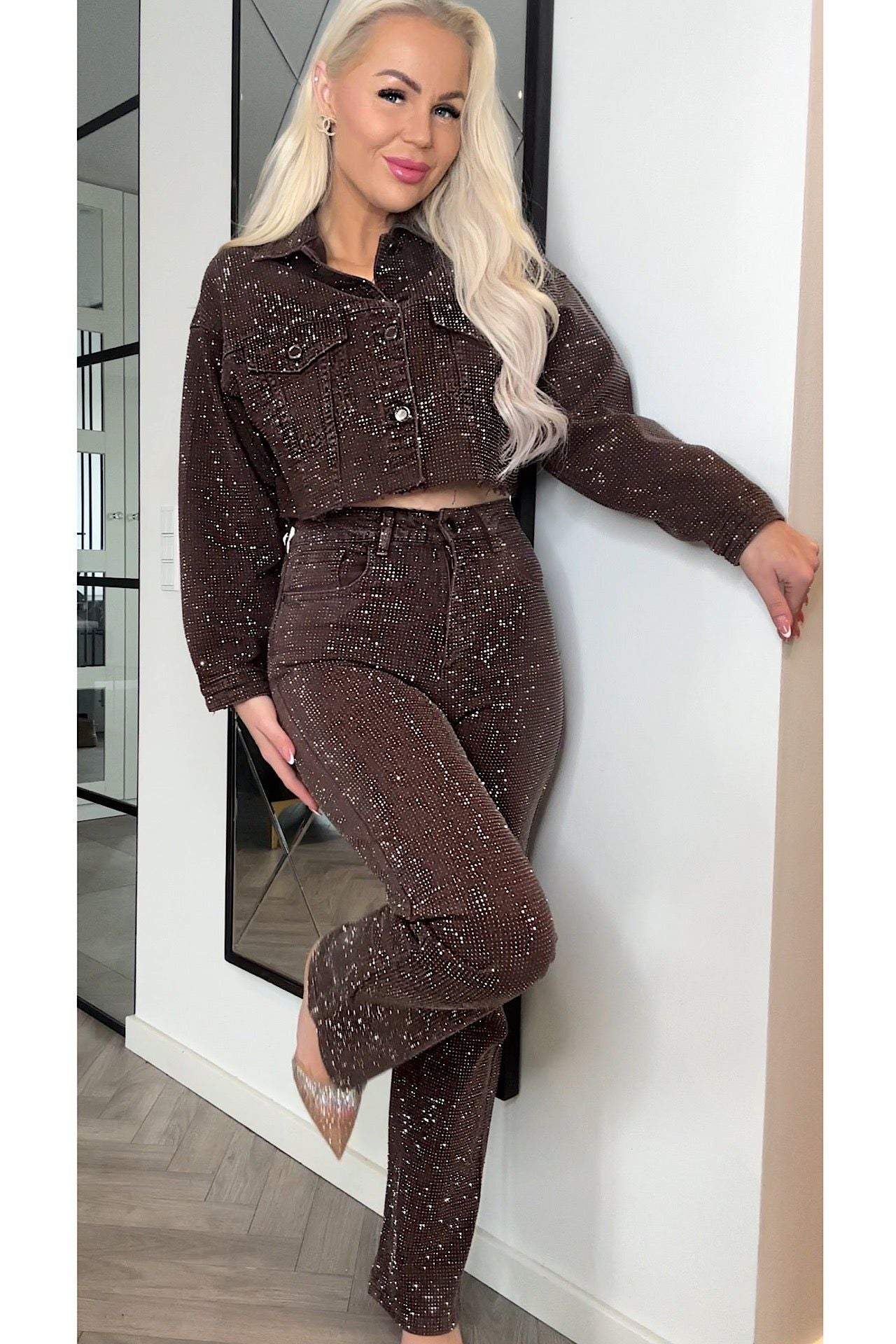 Brown Rhinestone High Waist Flare Jeans for Women - Embellished Denim Pants