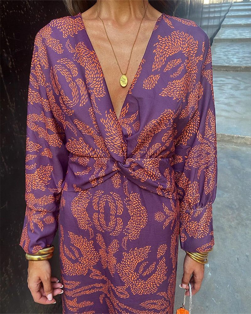 Twist Front Midi Dress - V-Neck Long Sleeve Printed Dress for Women