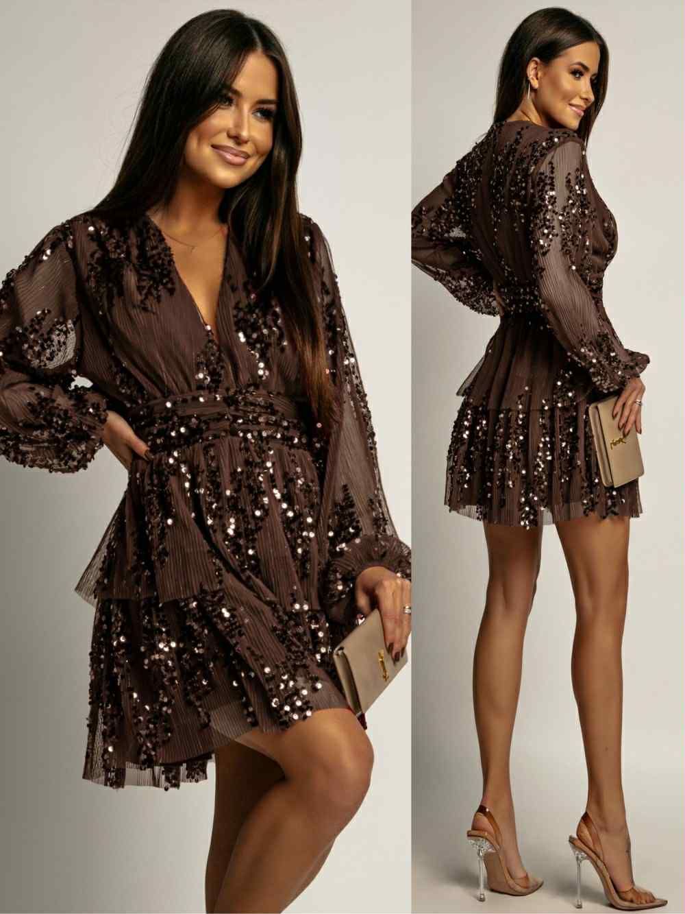 Sequin Tiered Mini Dress - Long Sleeve V-Neck Brown Cocktail Party Dress