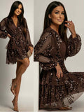 Sequin Tiered Mini Dress - Long Sleeve V-Neck Brown Cocktail Party Dress