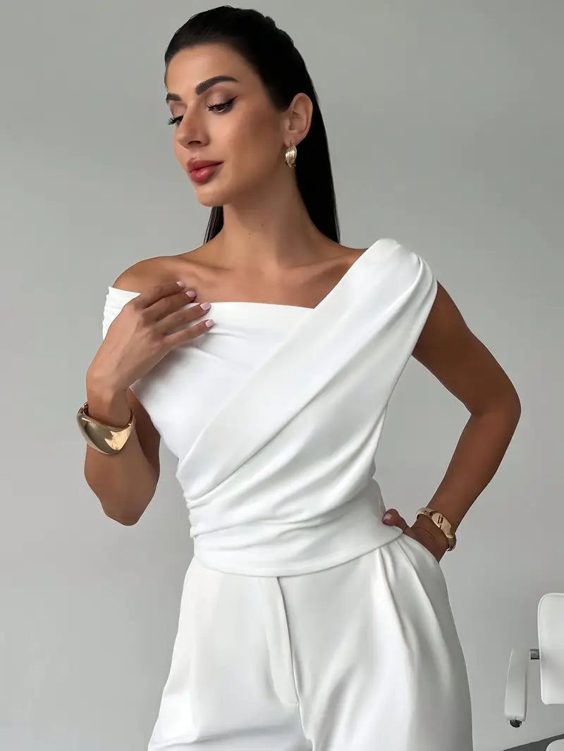Off-Shoulder Wrap Top - Elegant Sleeveless Blouse, Available in White, Black, Red