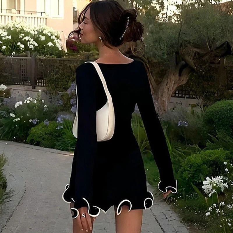 Ruffle Hem Mini Dress - Long Sleeve, Contrast Trim, Fitted, Party, Casual