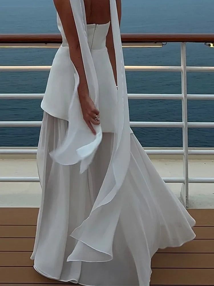 Strapless High Slit Maxi Dress with Chiffon Scarf - Elegant Evening Gown