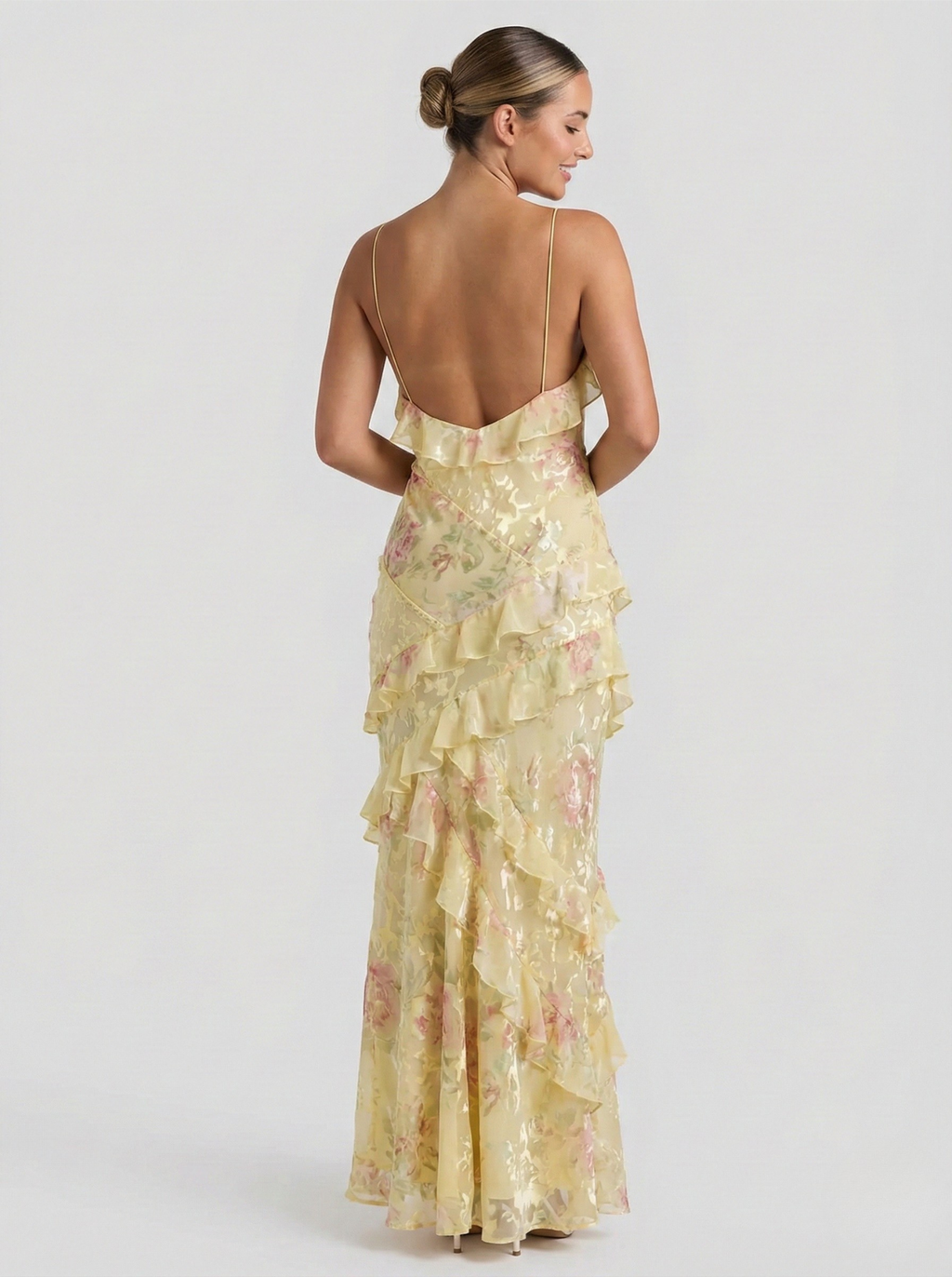 Floral Ruffle Maxi Dress - Spaghetti Strap, Tiered Ruffles, Formal Gown. Pink/Yellow, Chiffon
