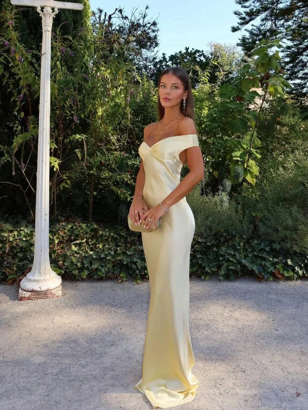 Satin Maxi Dress Off-Shoulder Evening Gown - Pale Yellow Formal Party Dress
