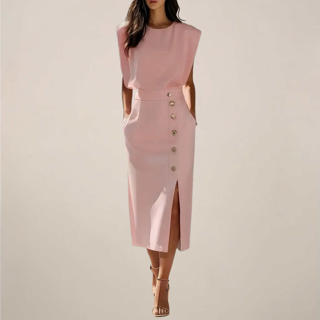 Button Slit Midi Dress with Shoulder Pads - Elegant Fitted Dress for Women