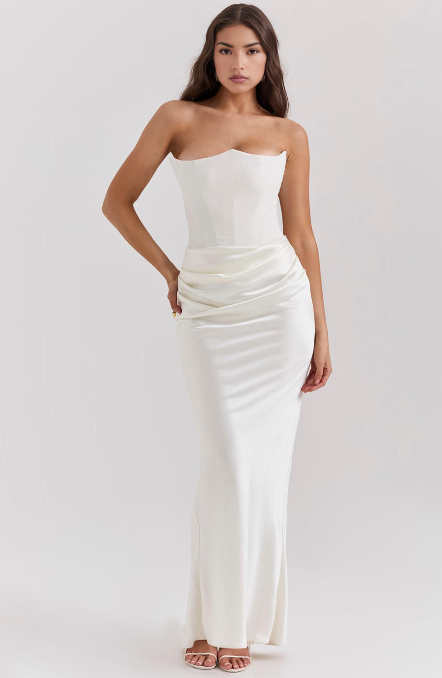 Strapless Corset Maxi Dress - Formal Evening Gown - Elegant Party Dress - Satin - Bodycon - Black/White/Pink/Taupe