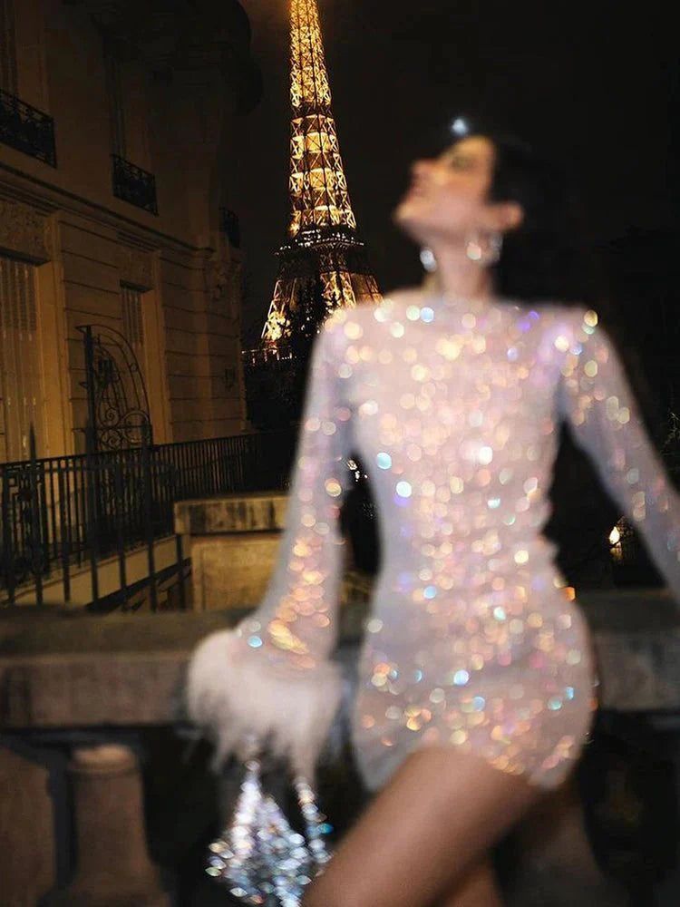 Sparkle Mini Dress with Feather Cuffs - Party Dress, Evening Wear, Cocktail Dress