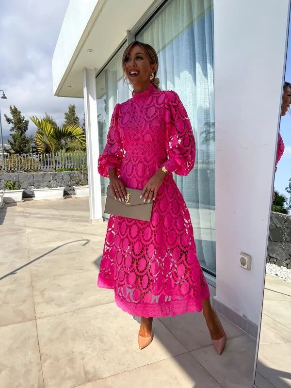 Elegant Lace Midi Dress: Women's Long Sleeve High Neck A-Line Cocktail Party Dress