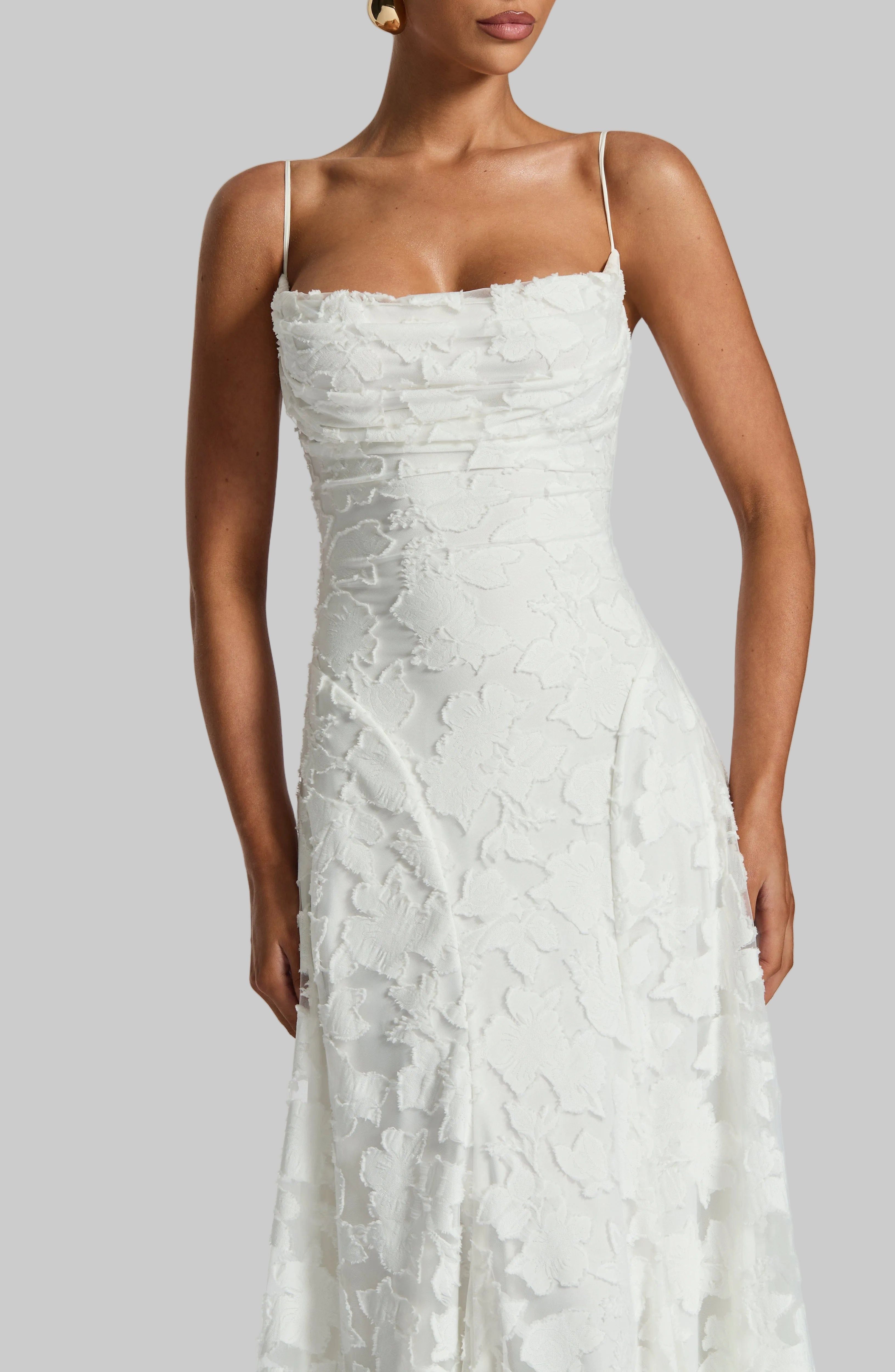 Floral Maxi Dress - Lace Up Back, Spaghetti Strap, Fitted Bodice, Long Evening Gown